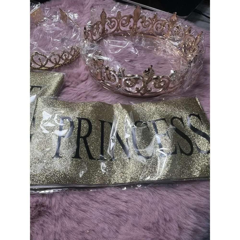 Retrowavy‎ 4 Piece Home Coming Prince,princess Tiara Shiny Satin Role (gold)